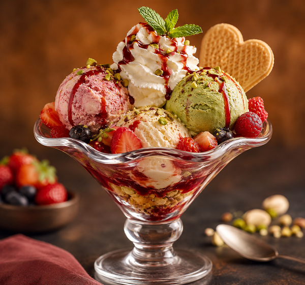 Eisbecher Eisbecher mit Früchten, angerichtet